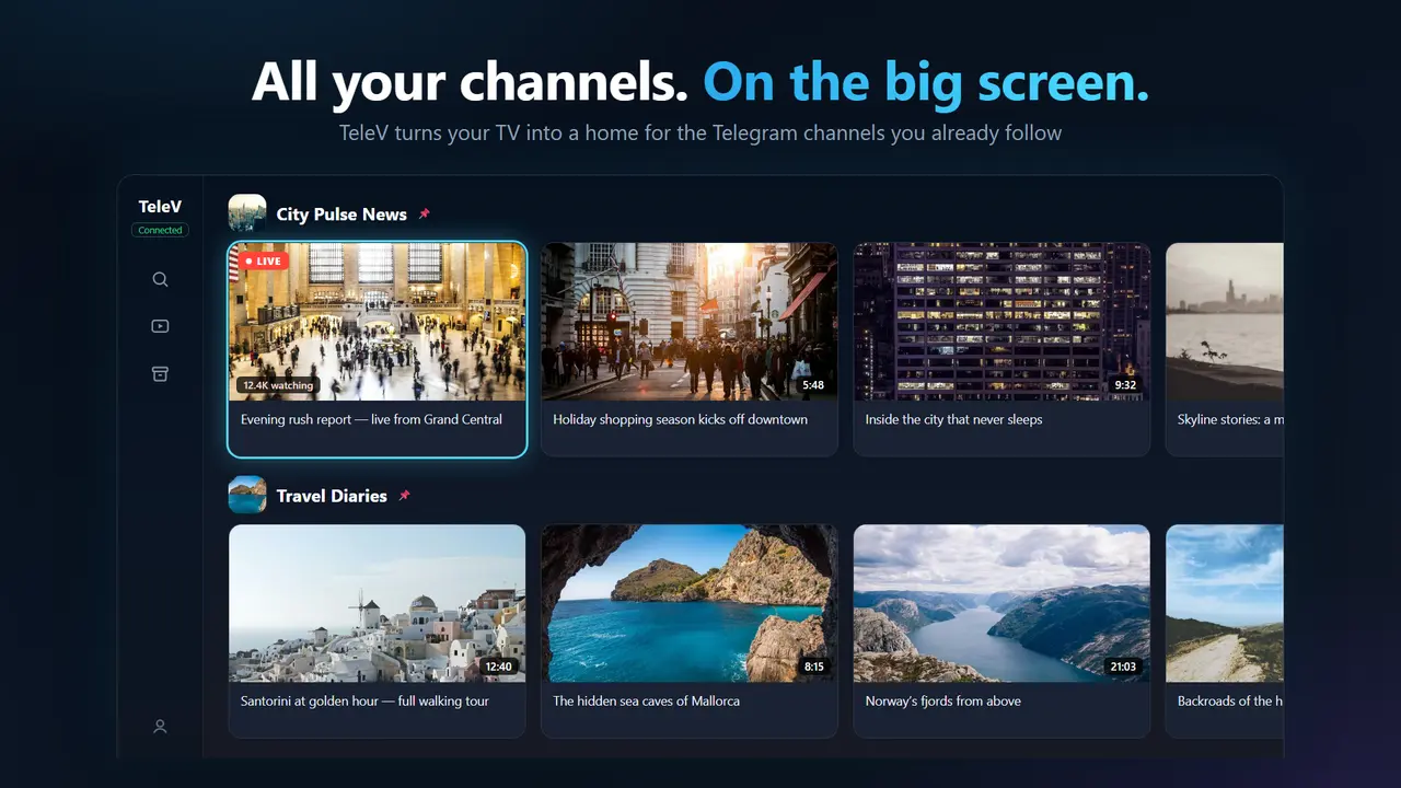 TeleV home screen on a TV, showing Telegram channels as rows of video cards with a live stream