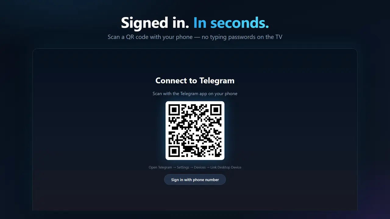 TeleV sign-in screen with a QR code to scan from the Telegram phone app